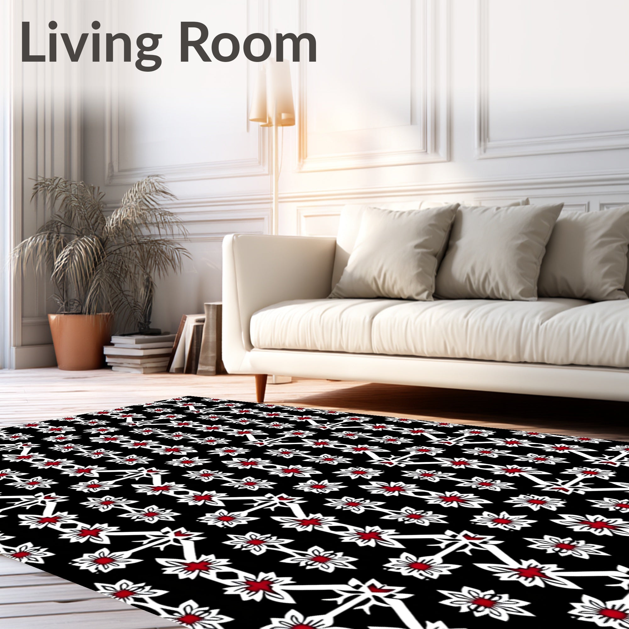 Black Crimson White Floral Lattice Rug