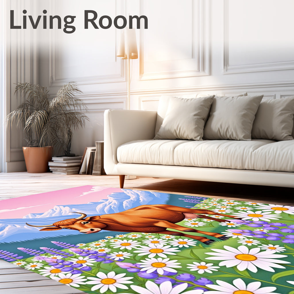 Brown Cow Meadow Mountain Floral Scene Rug