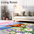 Brown Cow Meadow Mountain Floral Scene Rug