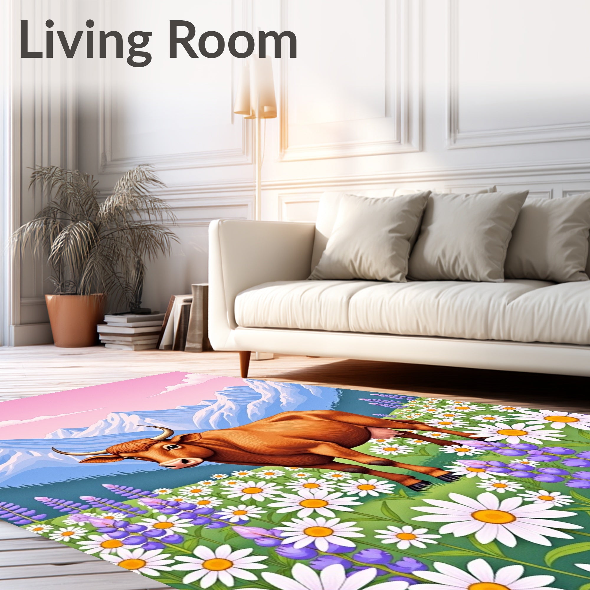 Brown Cow Meadow Mountain Floral Scene Rug
