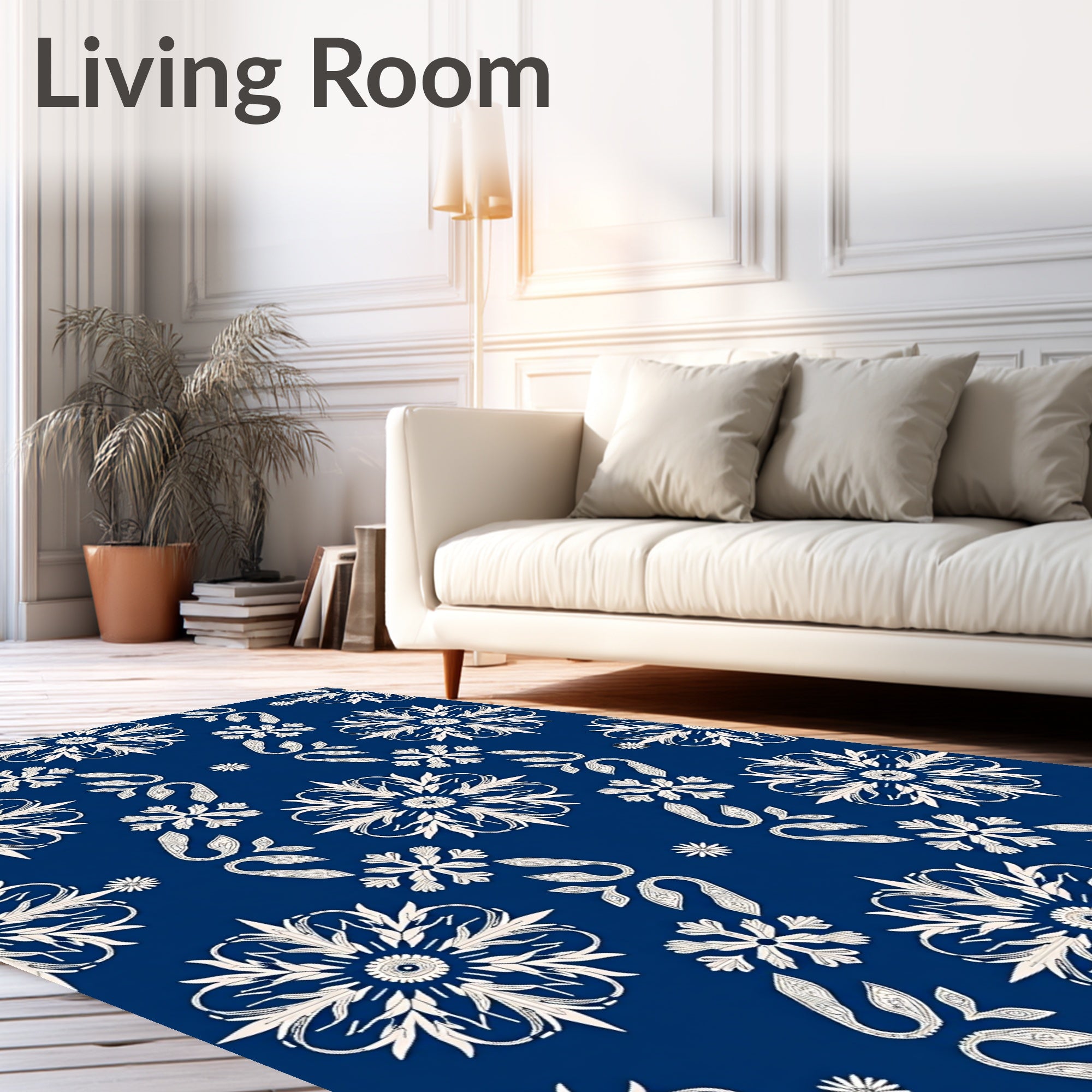 Classic Navy White Floral Medallion Rug