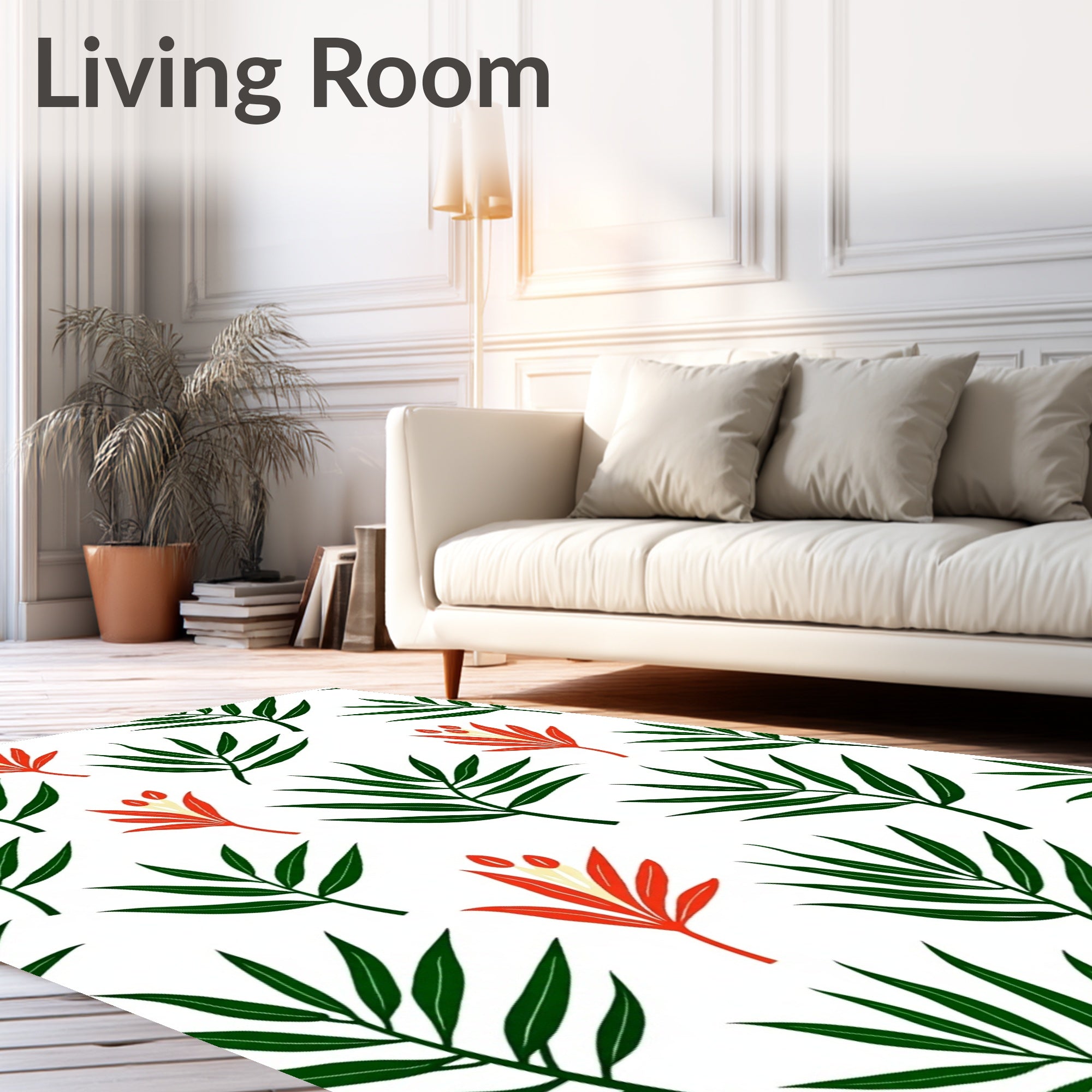 Minimalist Green Leaf Red Flower Rug