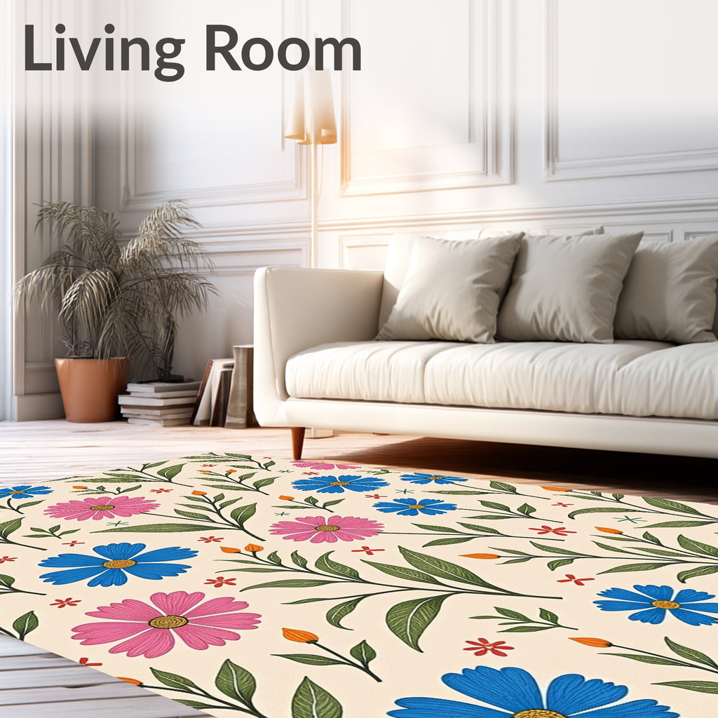 Whimsical Blue Pink Floral Garden Rug