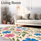Whimsical Blue Pink Floral Garden Rug