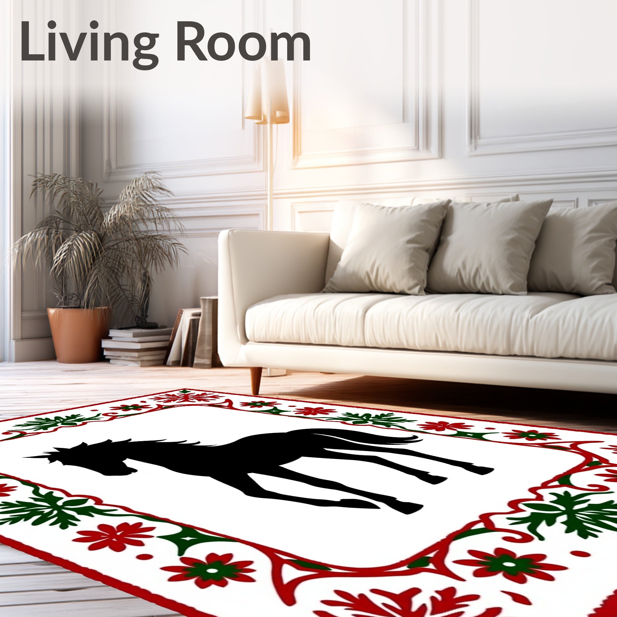 Bold Black Horse Red Green Border Rug
