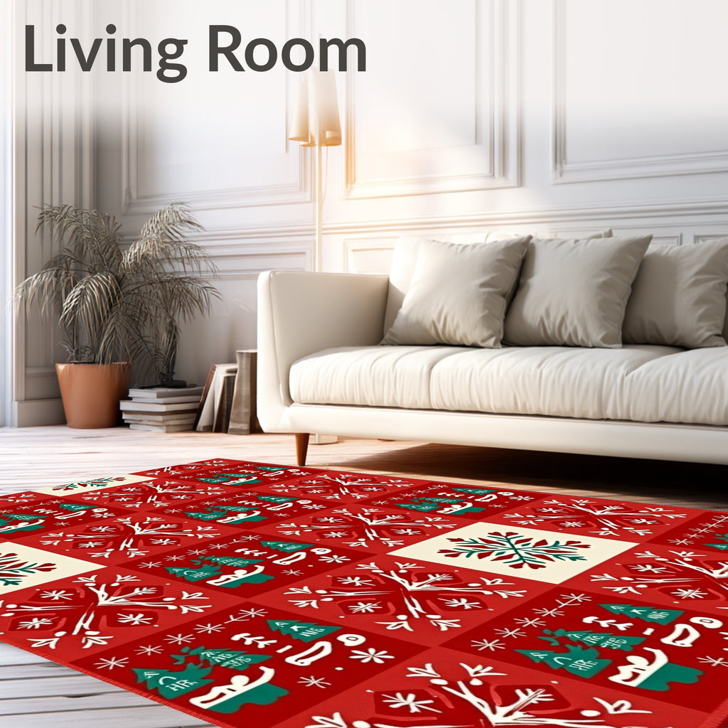 Red White Green Snowflakes Forest Blocks Rug