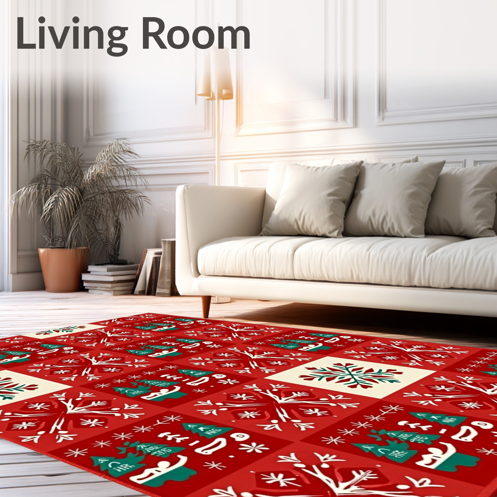 Red White Green Snowflakes Forest Blocks Rug