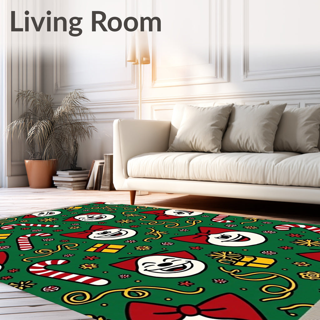 Festive Green Holiday Faces Candy Canes Rug