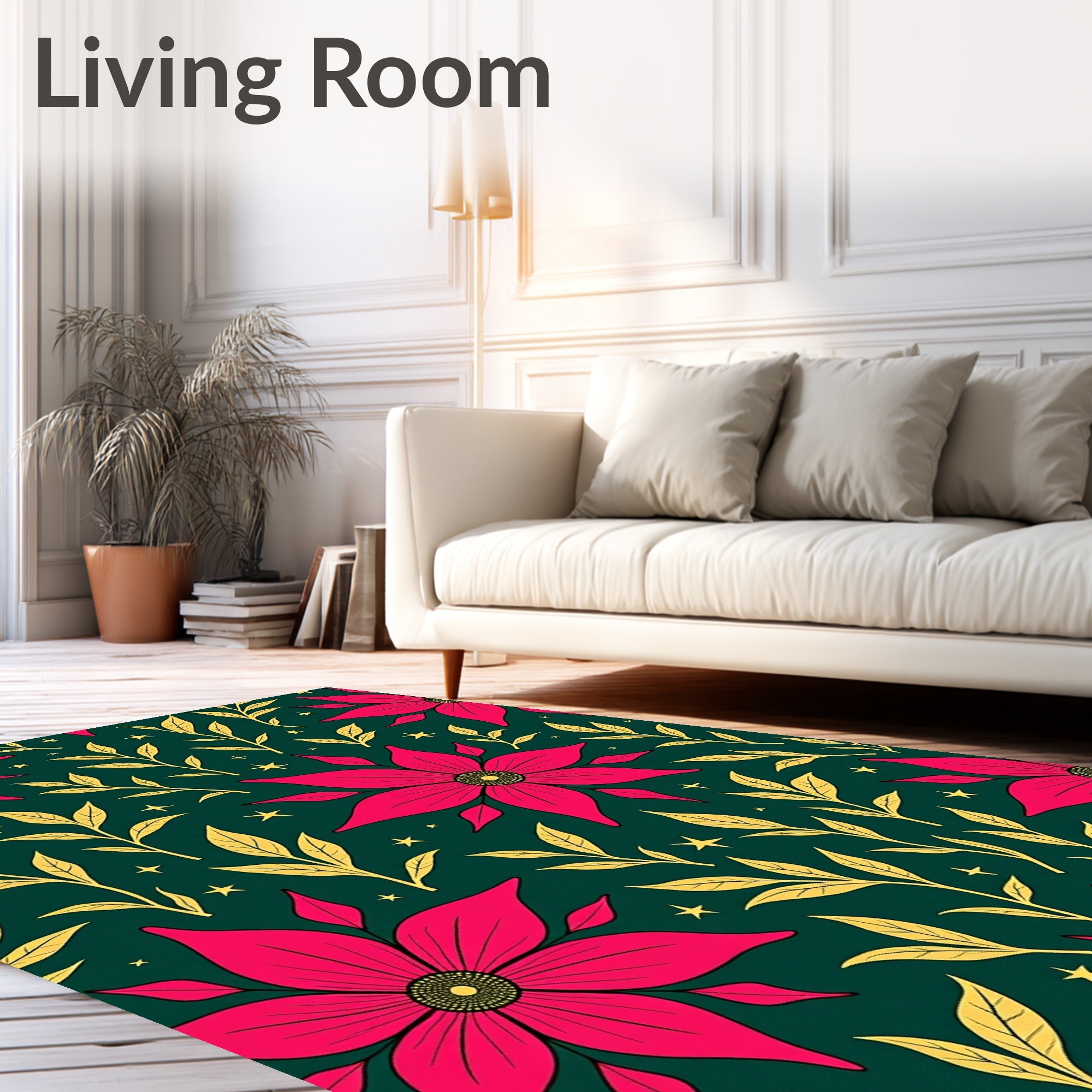 Vibrant Fuchsia Floral Leafy Branches Rug