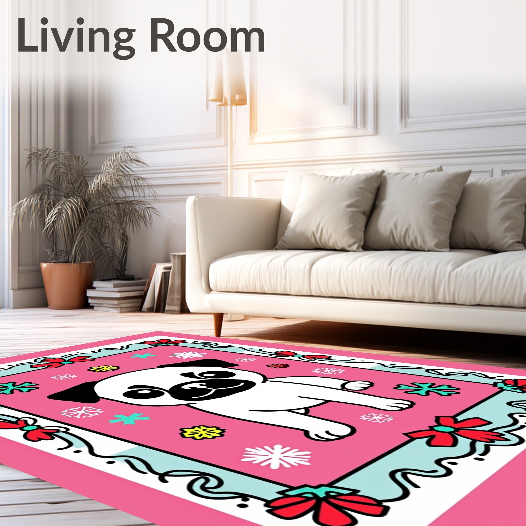 Cute Pug Snowflakes Pink Border Rug