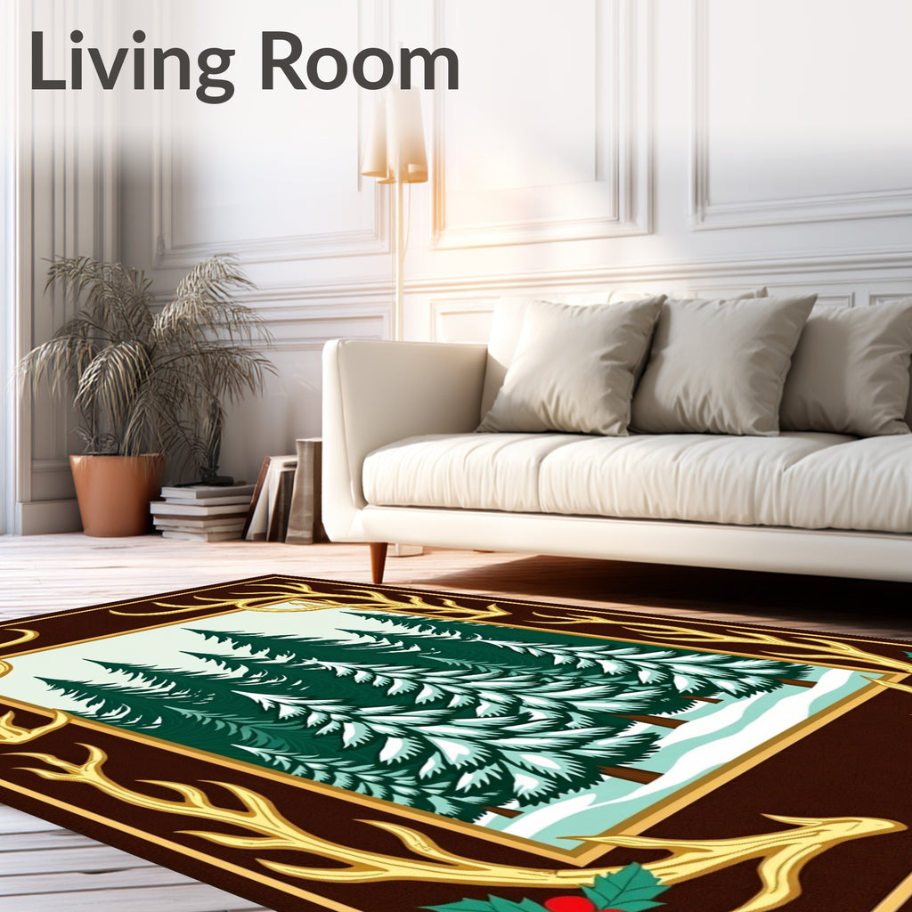 Golden Antler Snowy Forest Scene Rug