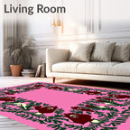 Dark Pink Green Floral Creature Border Rug