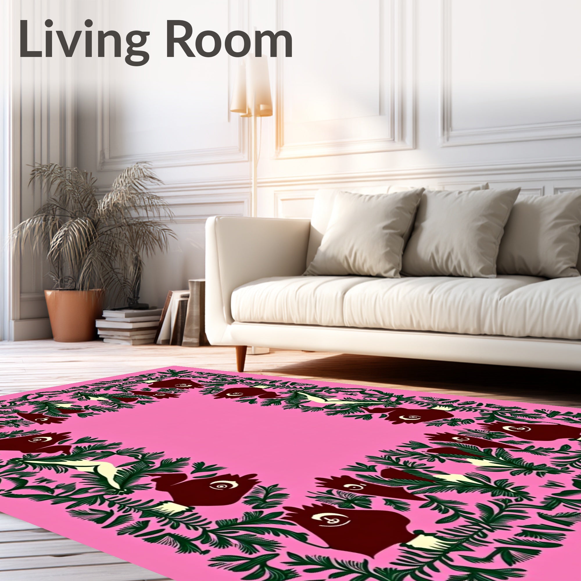 Dark Pink Green Floral Creature Border Rug