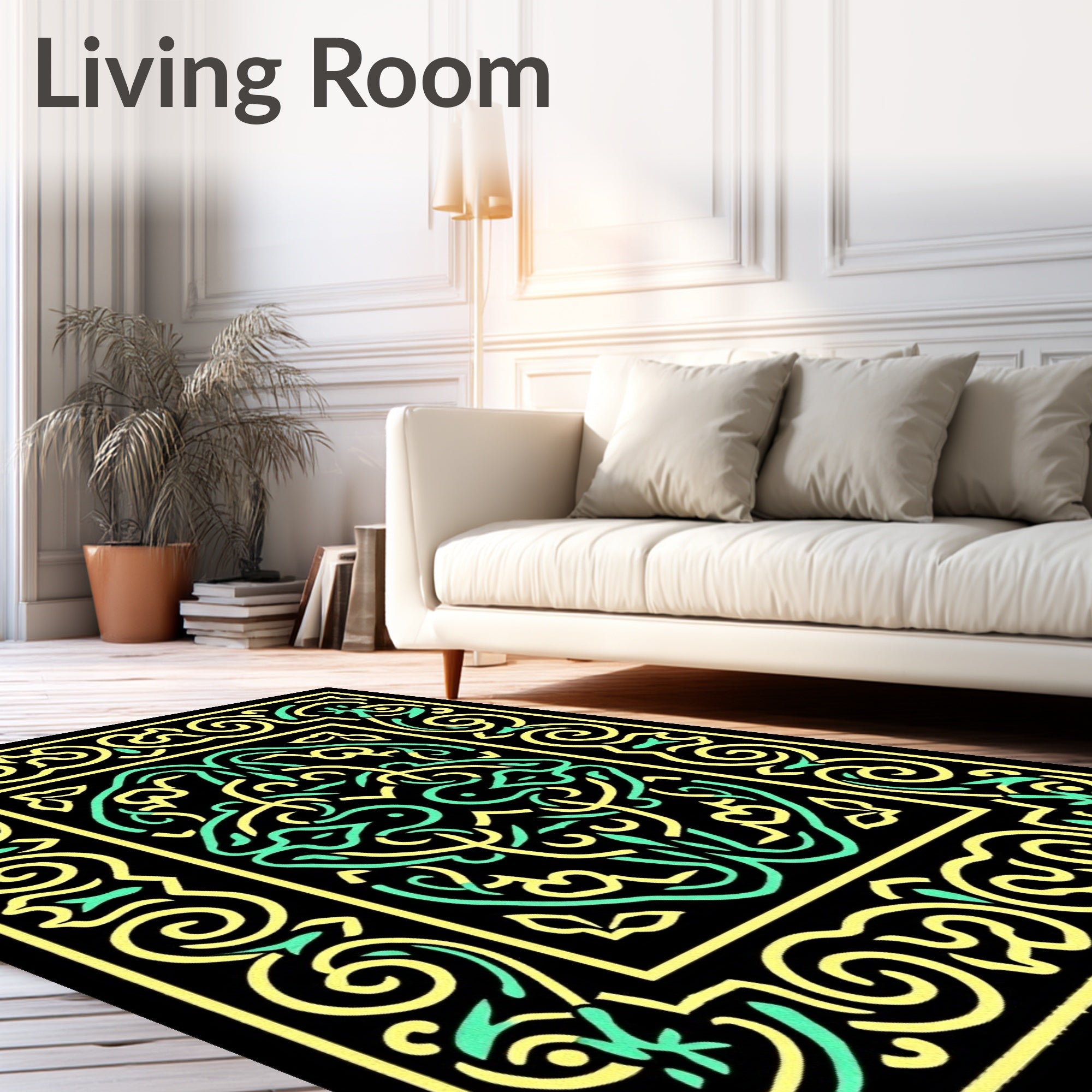 Emerald Yellow Intertwined Scrollwork Rectangle Rug