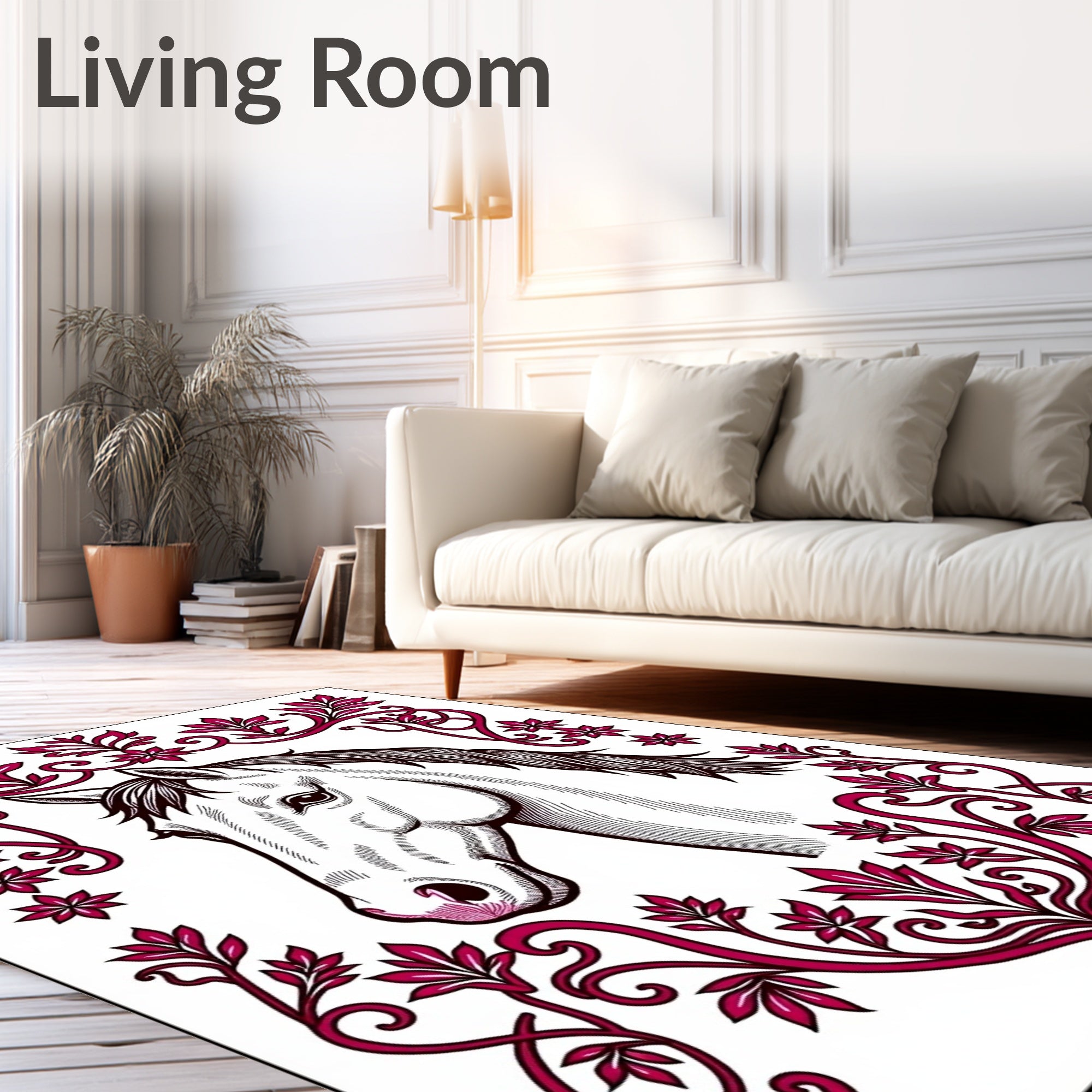 Elegant White Horse Floral Frame Rug