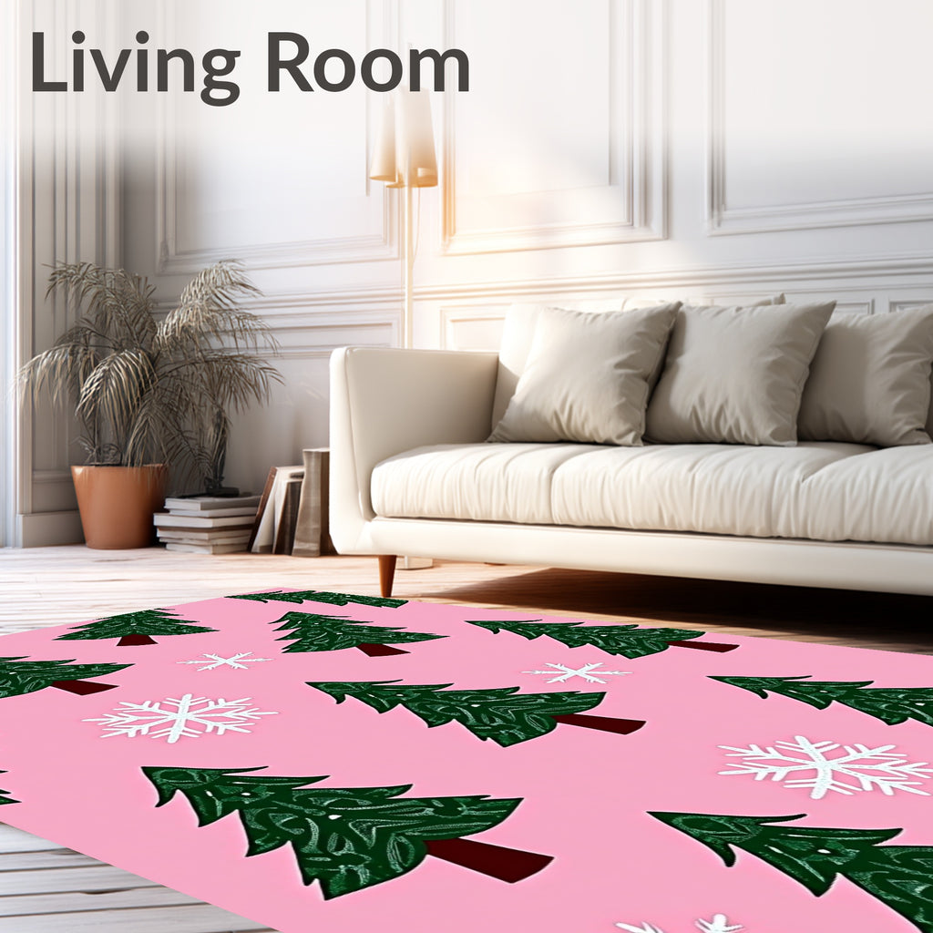Festive Green Christmas Trees Snowflakes Rug