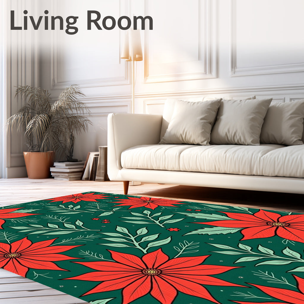 Coral Red Poinsettia Emerald Foliage Rug