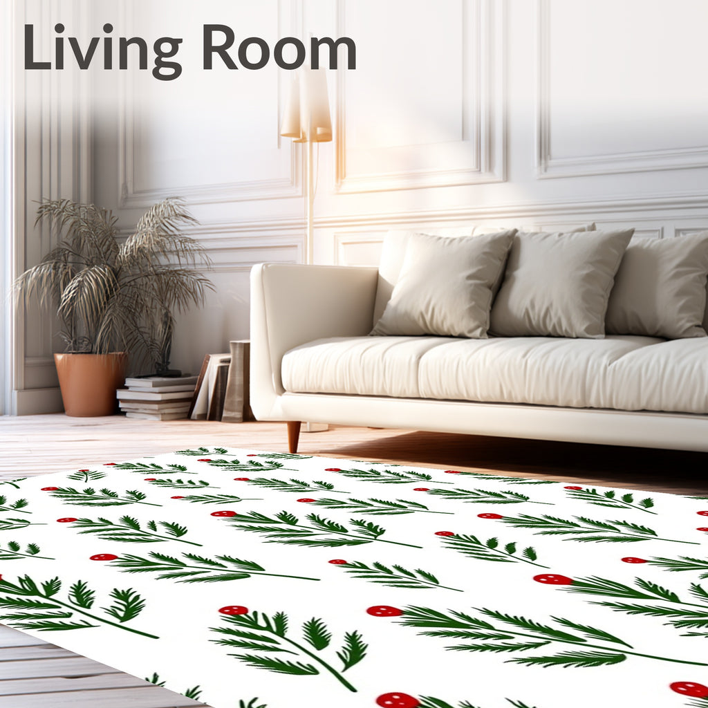 Green Pine Branches With Red Berries Rug