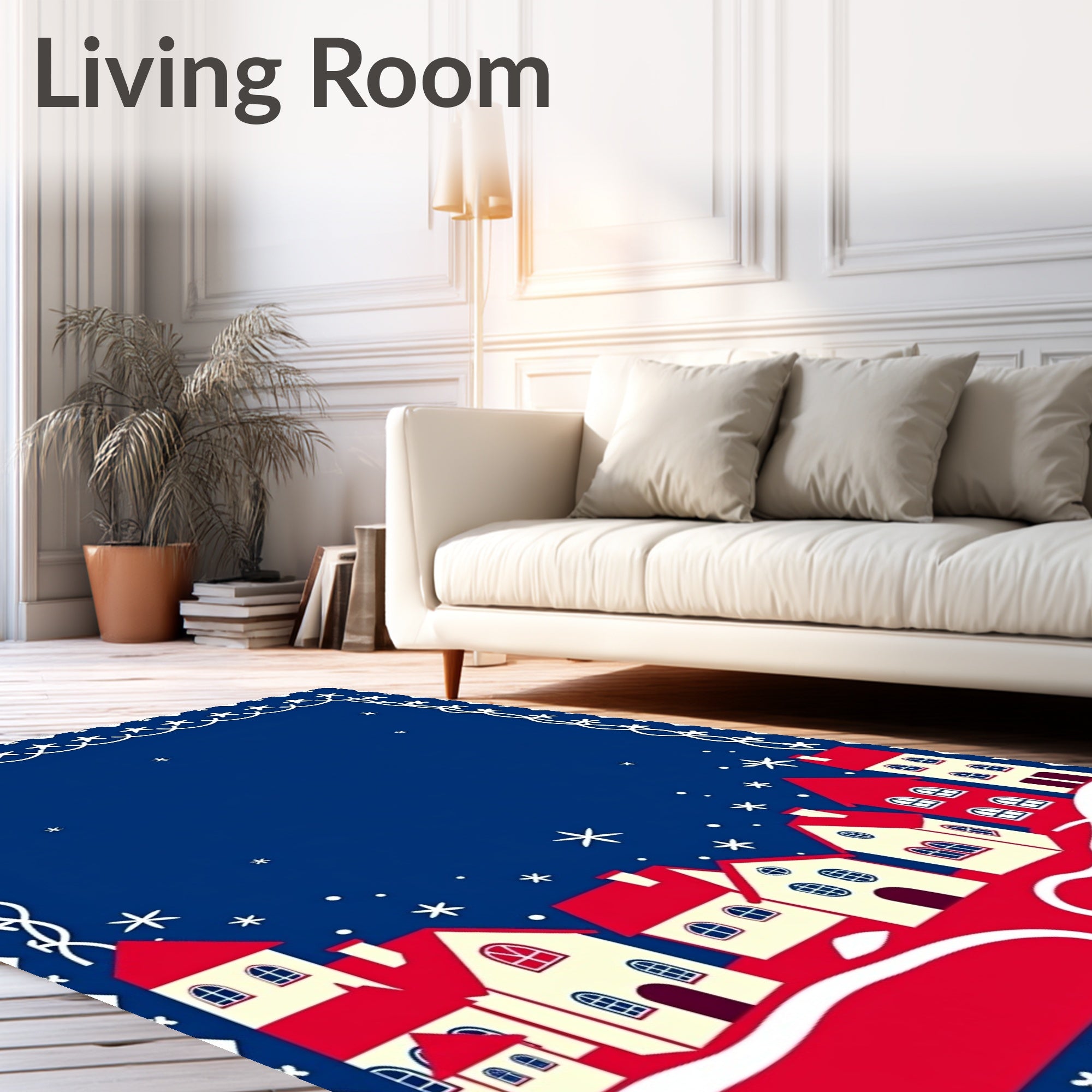 Whimsical Village Red White Snowy Night Rug