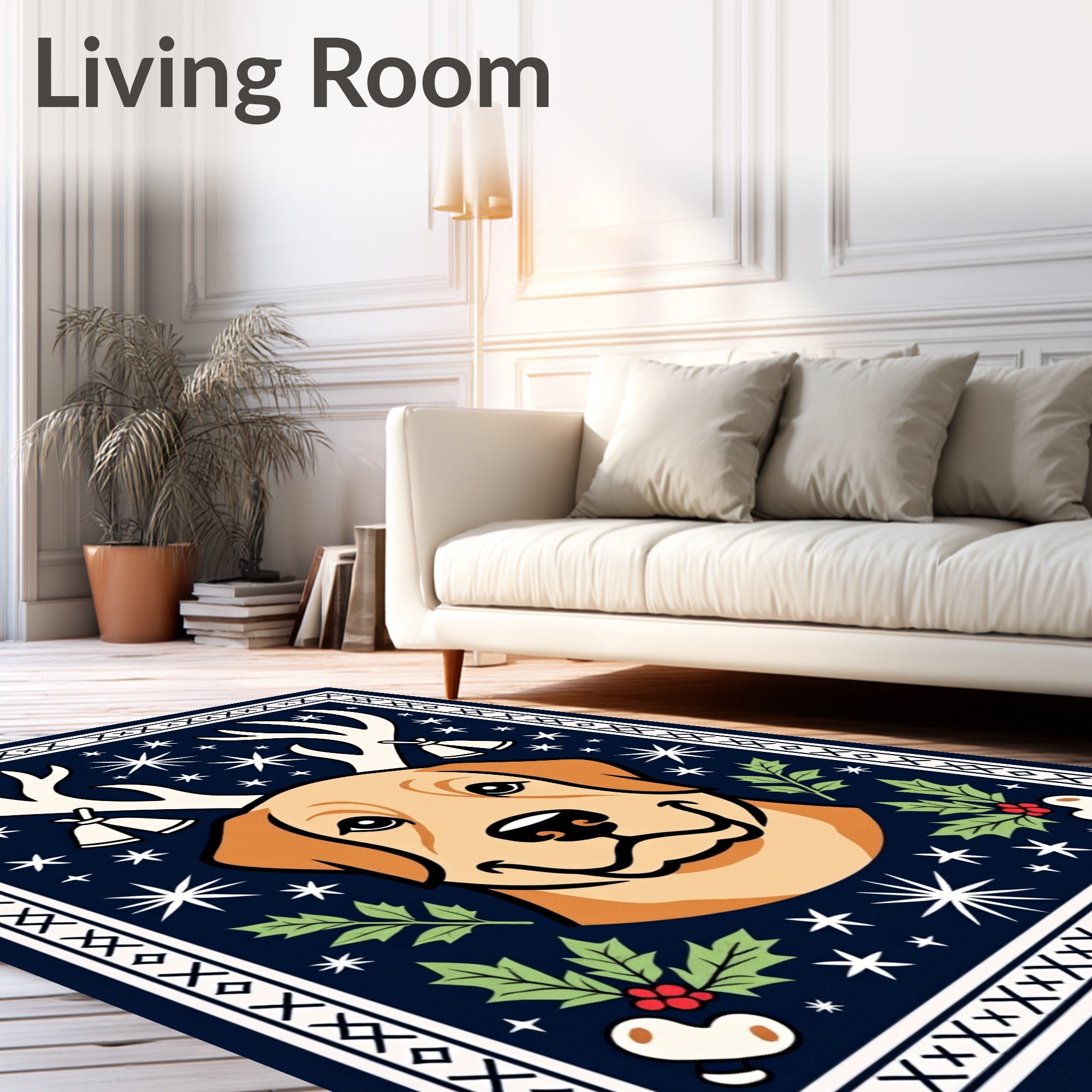 Festive Retriever Antlers Holly Stars Rug