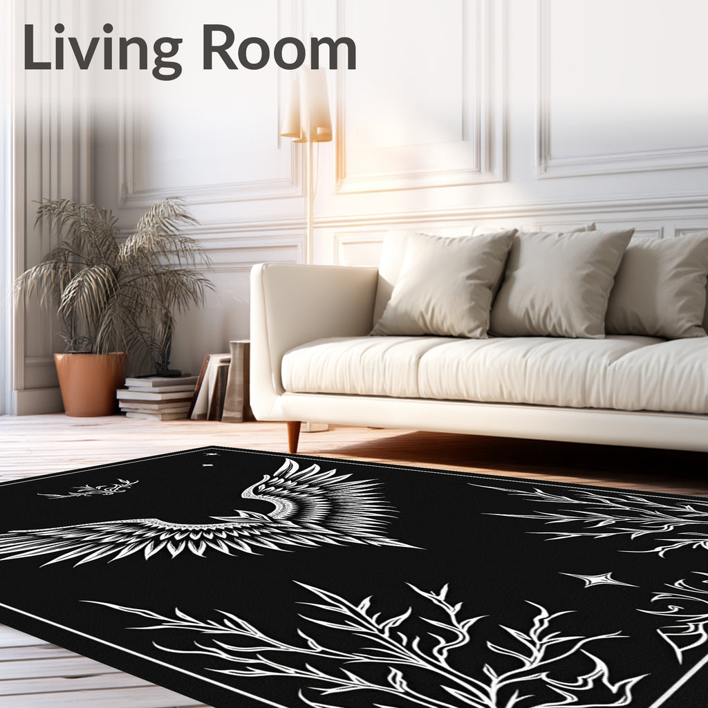 Majestic White Winged Creature Black Rug