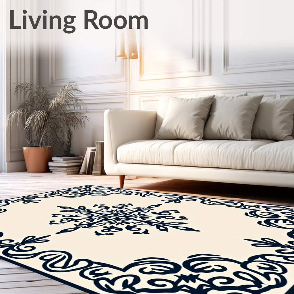 Ornate Navy Scrollwork Center Medallion Rug