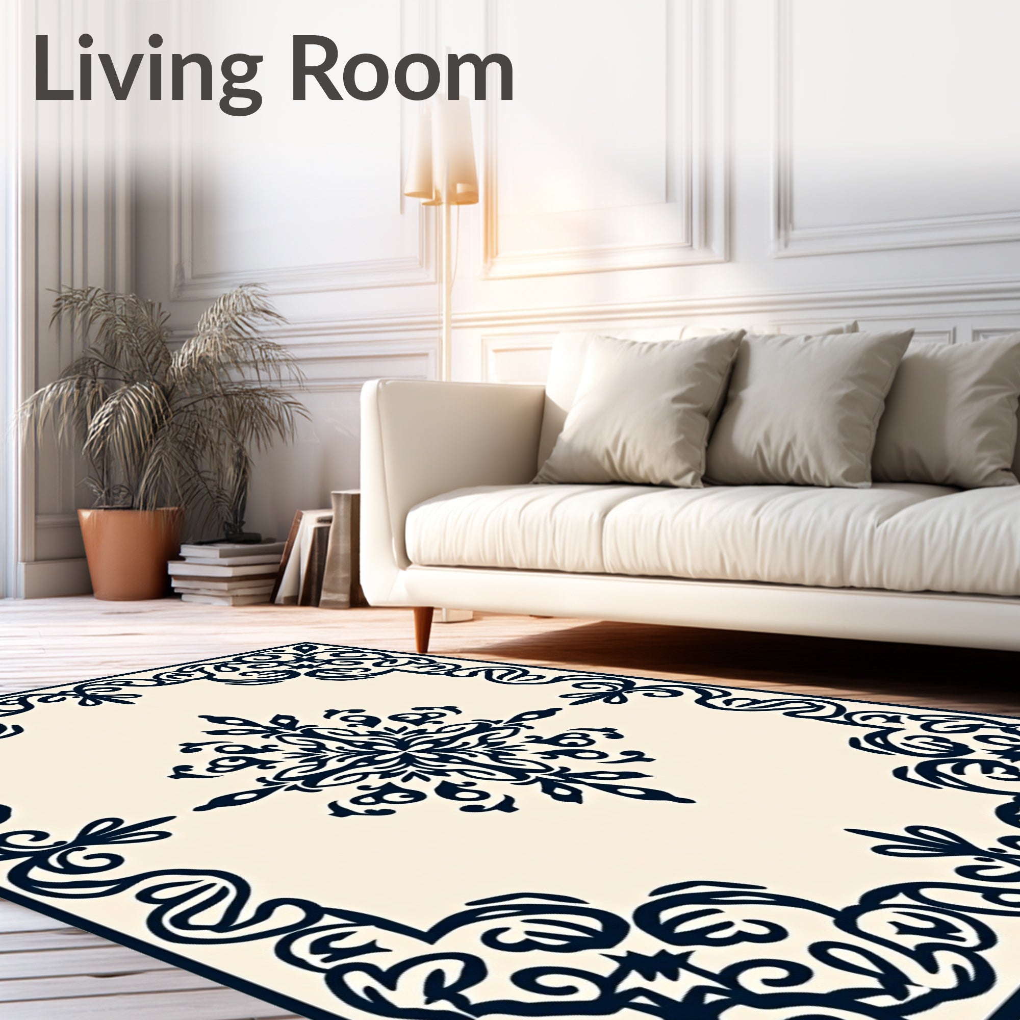 Ornate Navy Scrollwork Center Medallion Rug