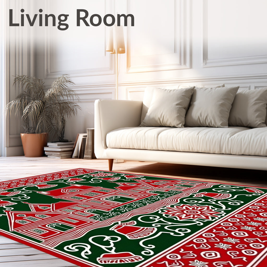 Red White Village Christmas Bells Rug