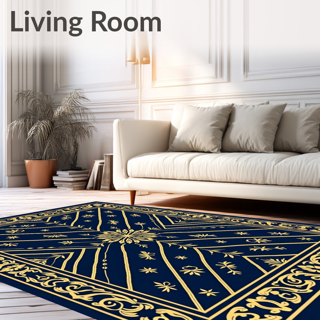 Golden Navy Floral Medallion Lattice Rug