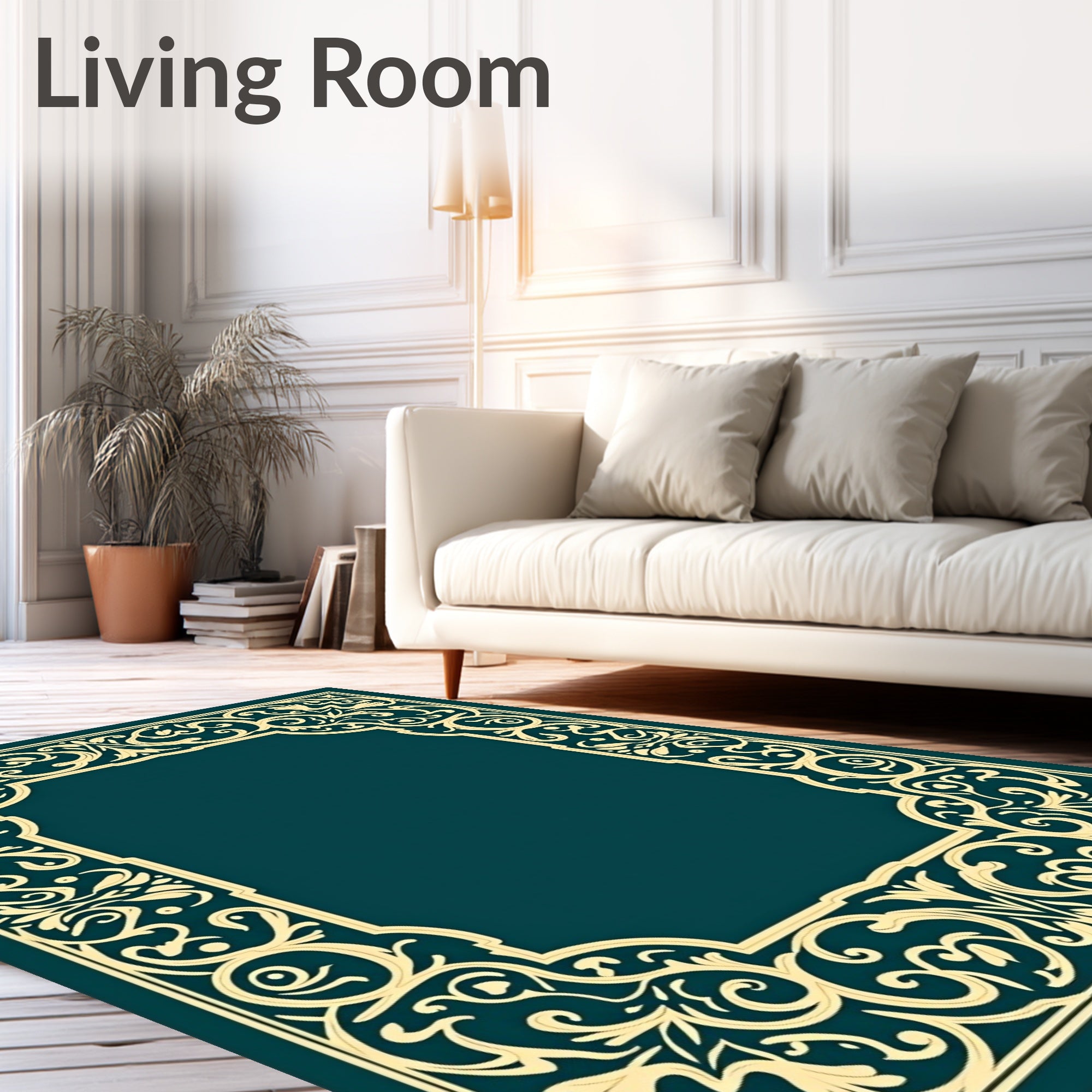 Ornate Teal Golden Baroque Frame Rug