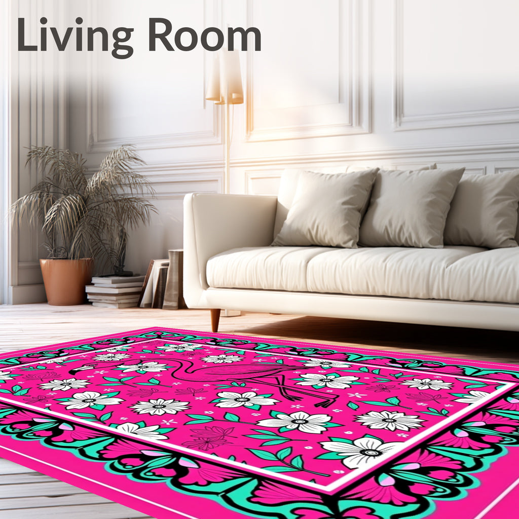 Vibrant Pink Flamingo Floral Meadow Rug