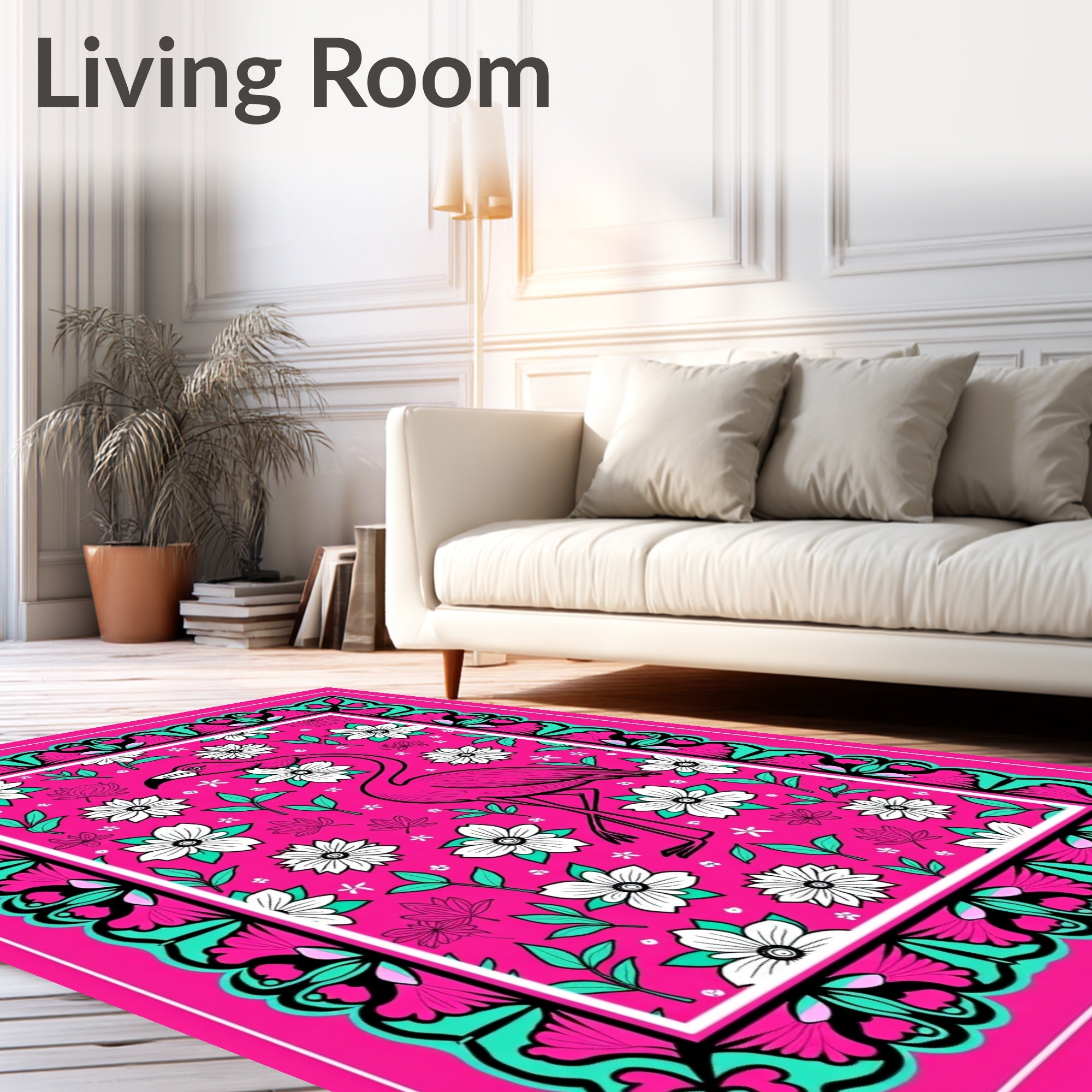 Vibrant Pink Flamingo Floral Meadow Rug
