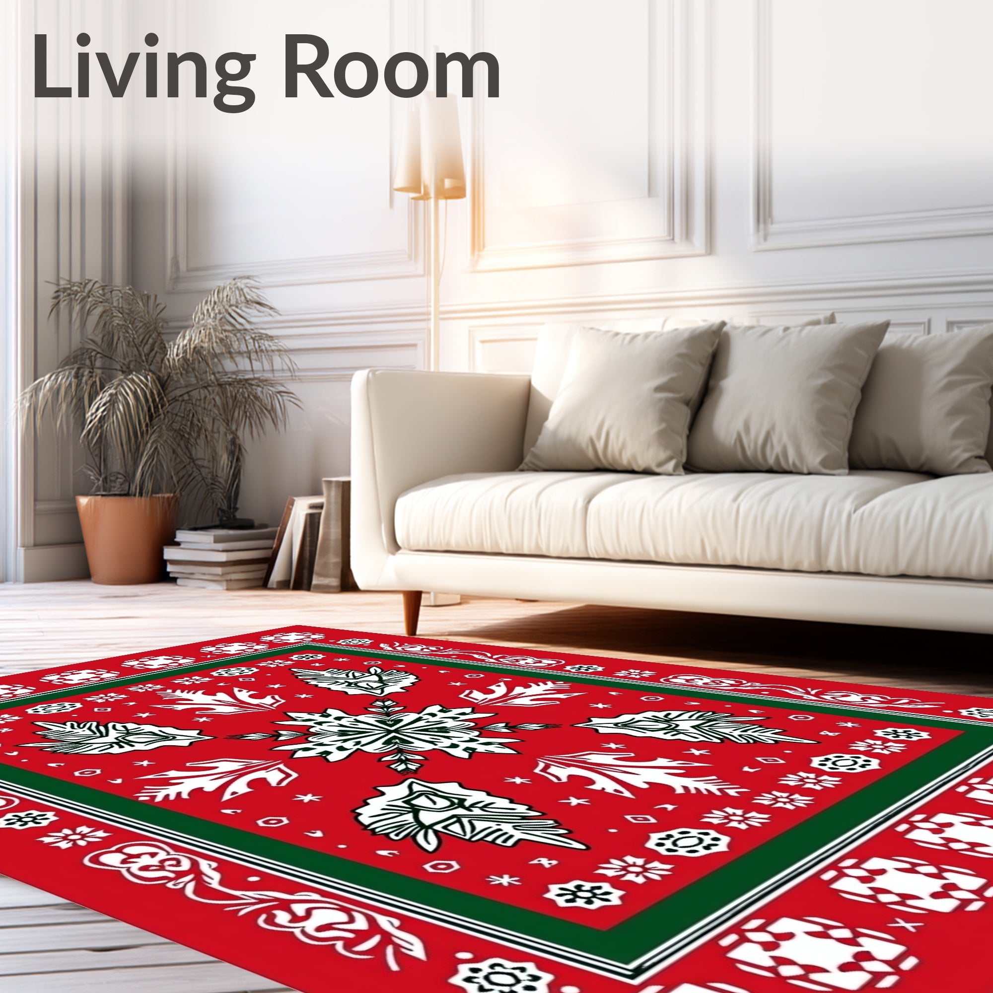 Festive Red White Green Snowflake Medallion Rug