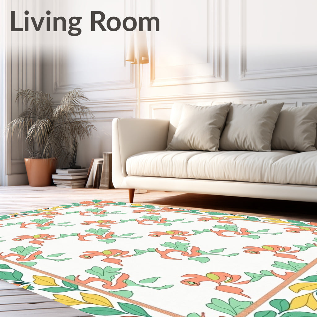 Coral Green Leafy Vine Border Rug