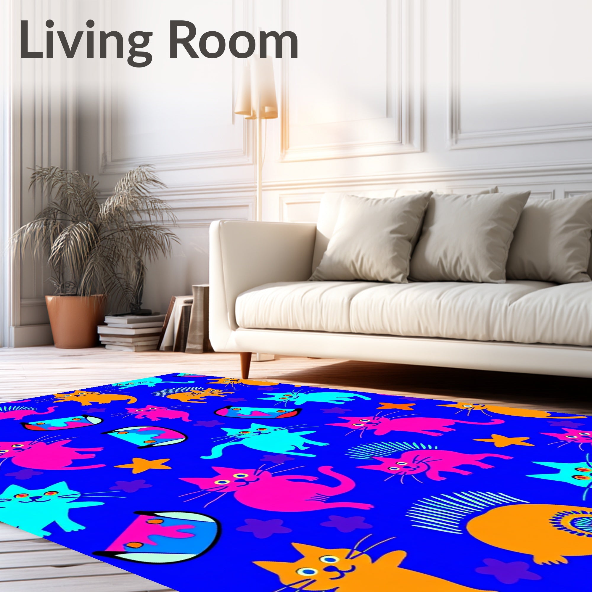 Vivid Blue Cartoon Cats Stars Rug