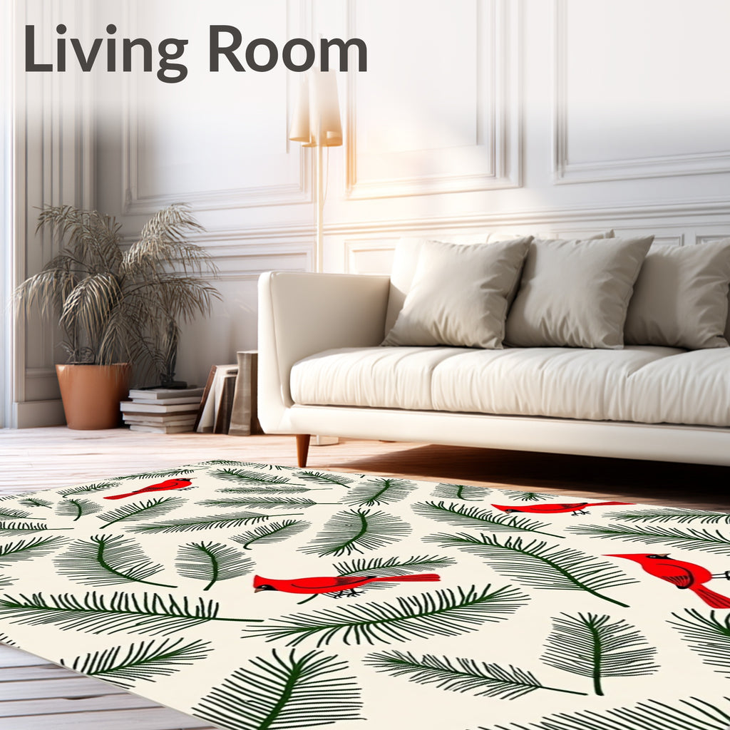 Red Cardinals Green Pine Sprigs Rug