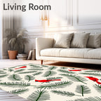 Red Cardinals Green Pine Sprigs Rug