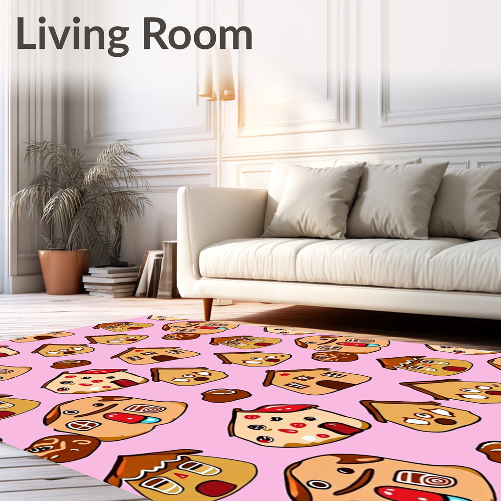 Whimsical Gingerbread Houses Pink Background Rug