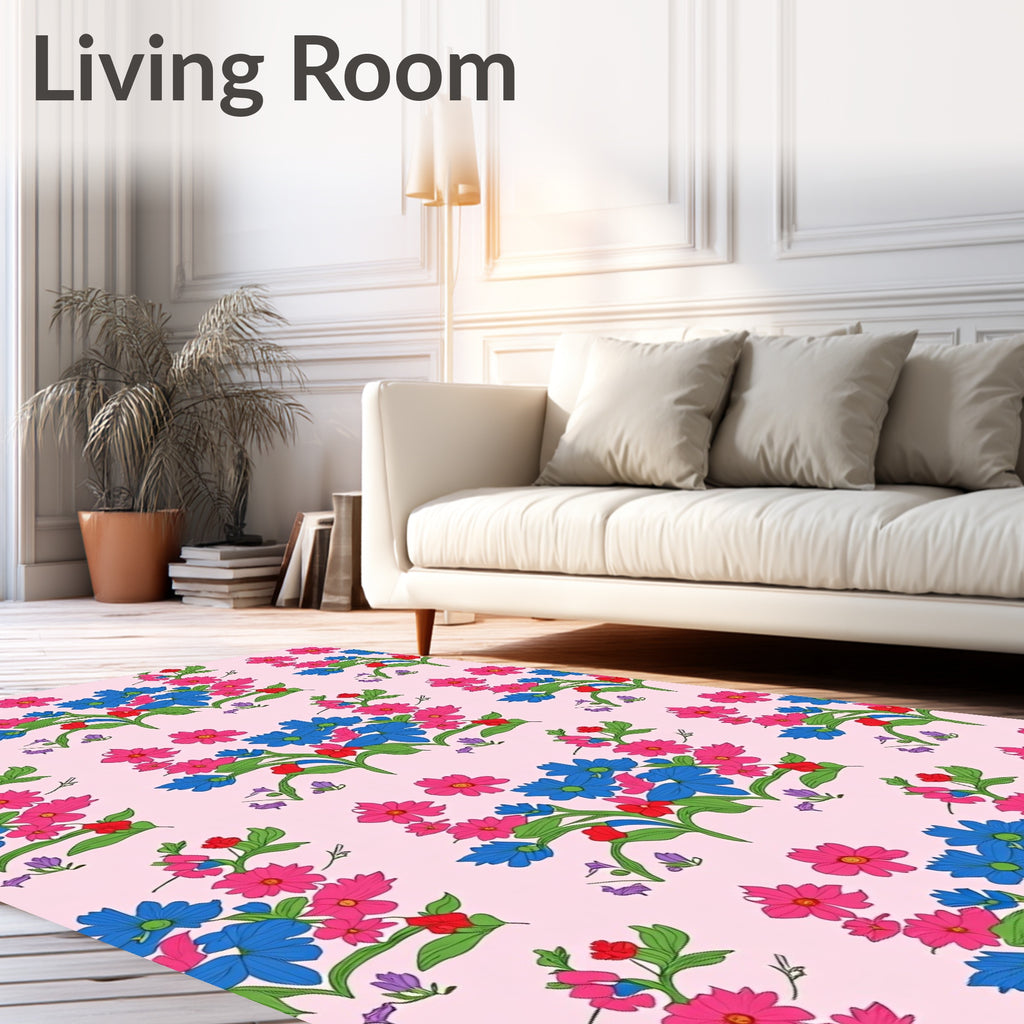 Vibrant Blue Pink Floral Bouquet Rug