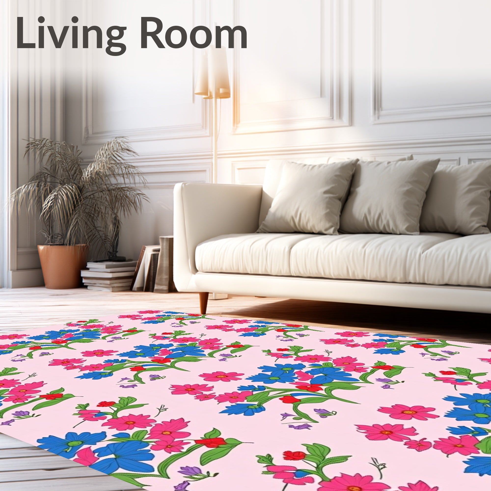 Vibrant Blue Pink Floral Bouquet Rug