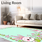 Cute Pink Bunny Floral Spring Meadow Rug