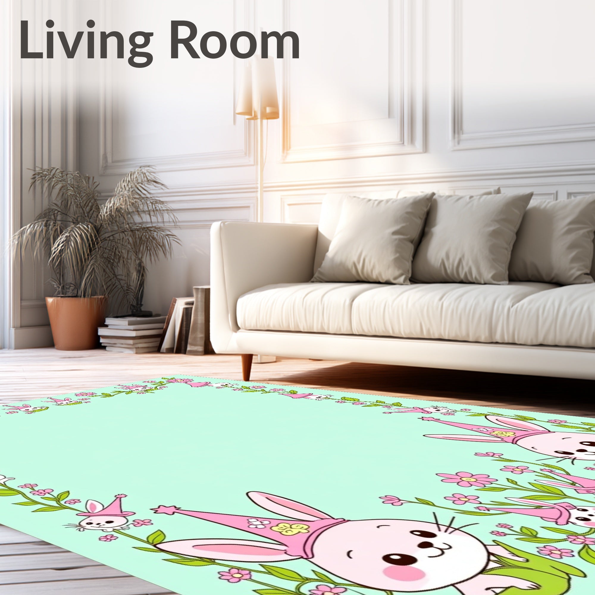 Cute Pink Bunny Floral Spring Meadow Rug