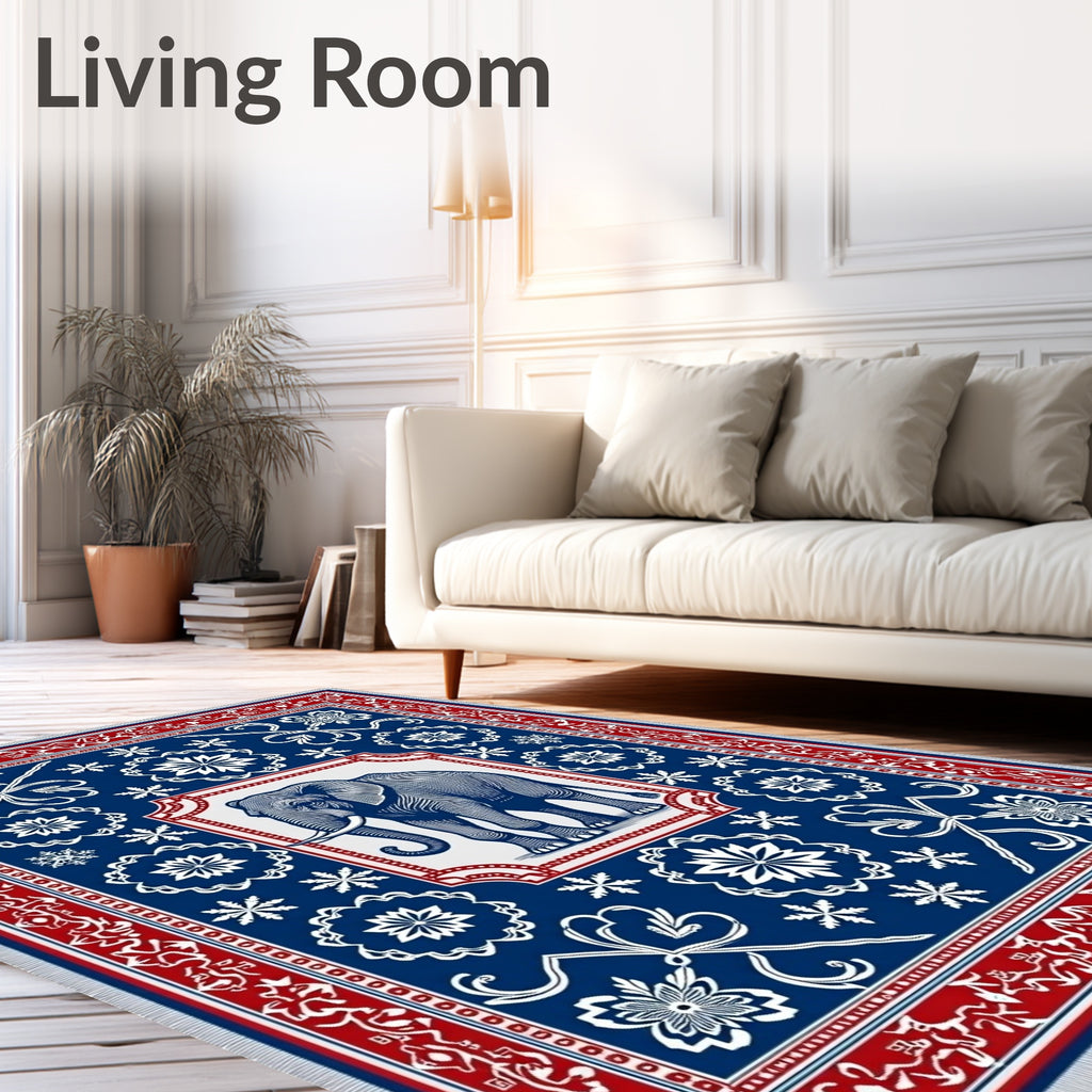 Grand Elephant Blue Red Floral Rug