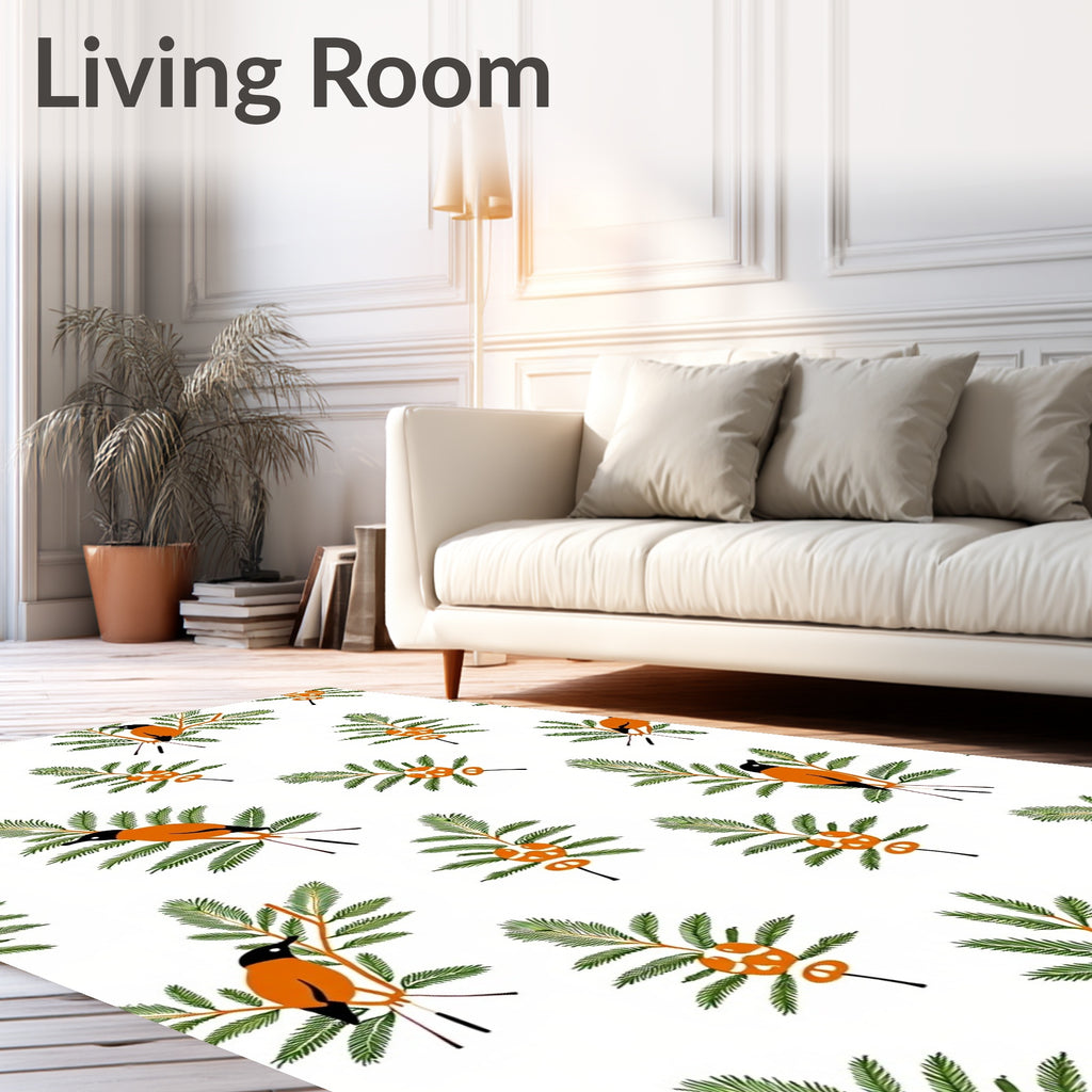 Whimsical Orange Bird Evergreen Sprig Rug