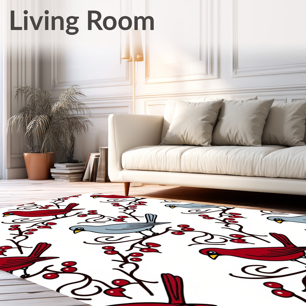 Red and Gray Birds Berries Branches Rug
