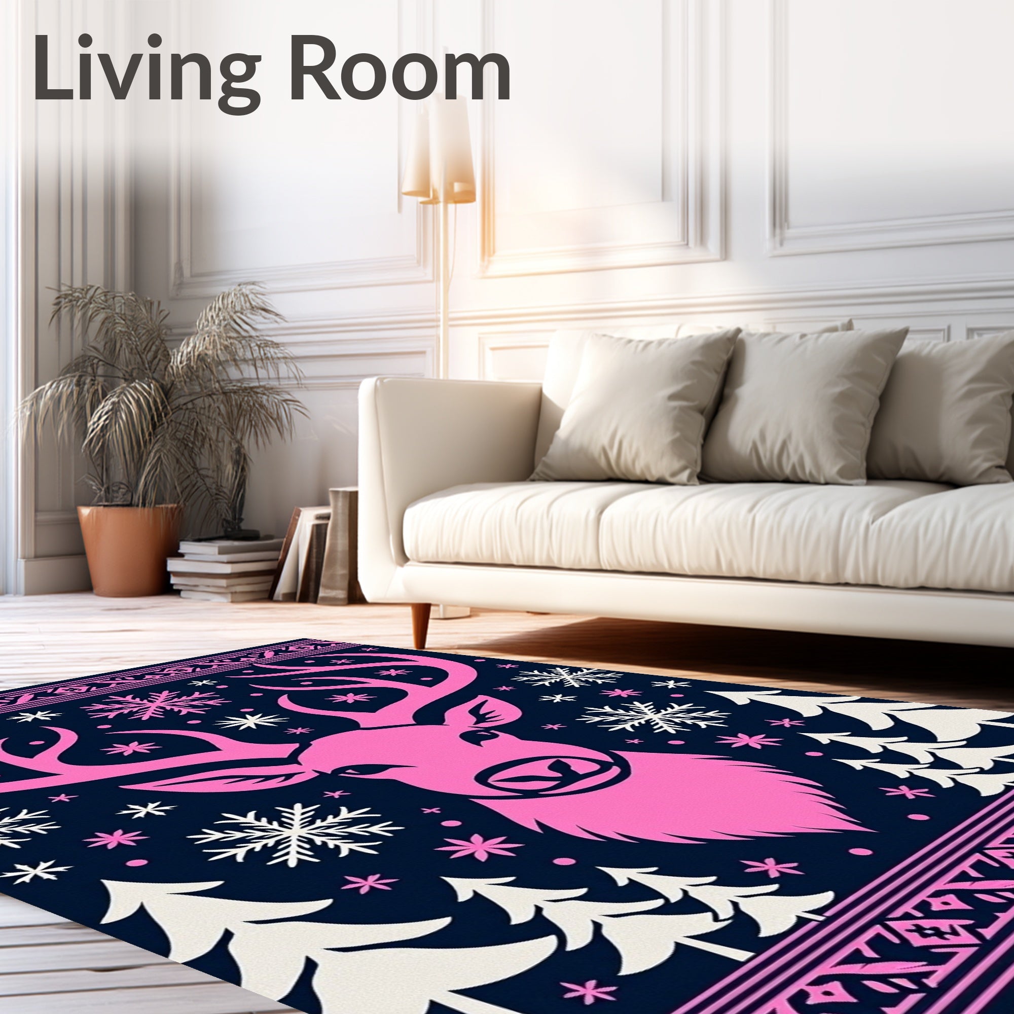 Pink Deer Snowflakes Forest Border Rug