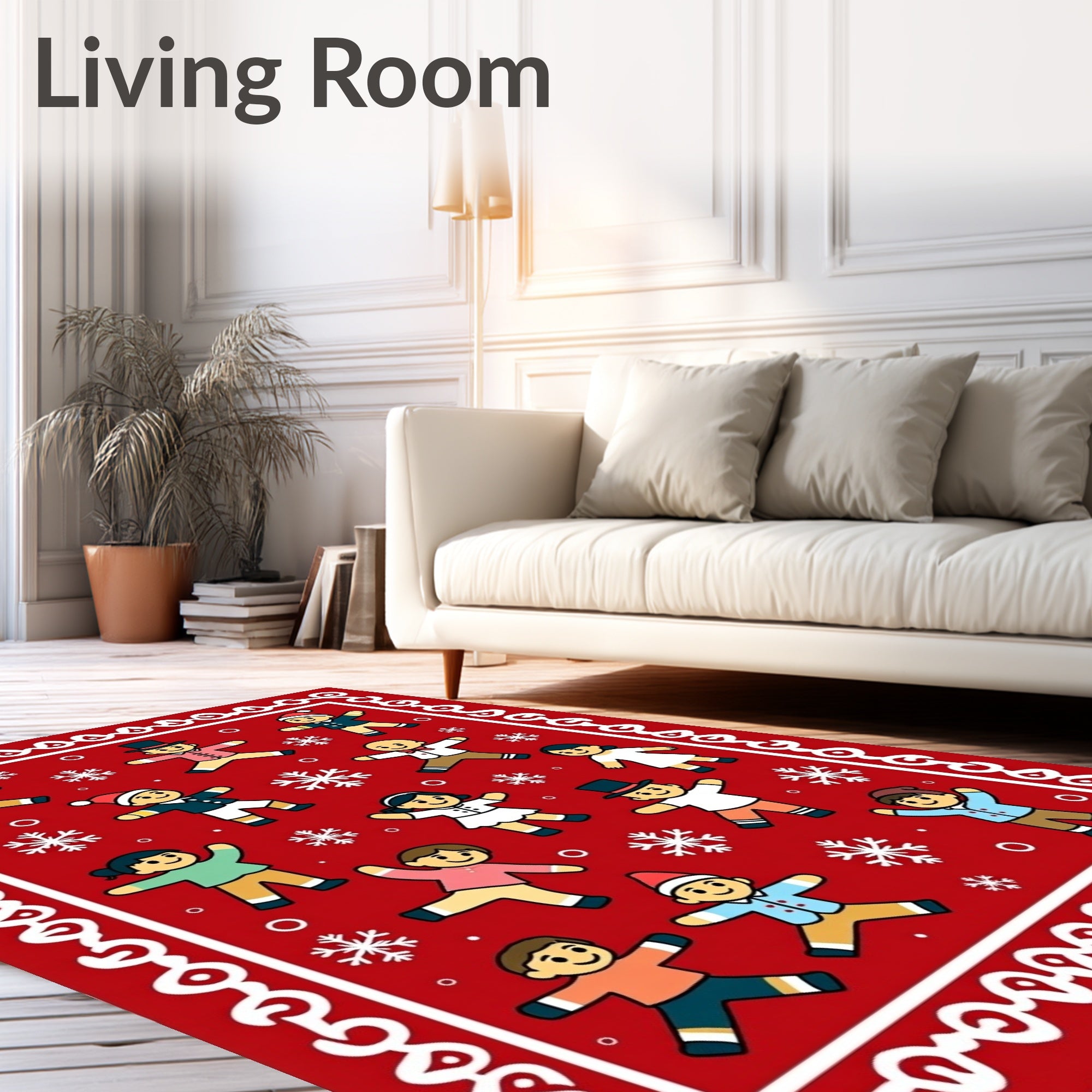 Festive Red Christmas Kids Snowflakes Border Rug