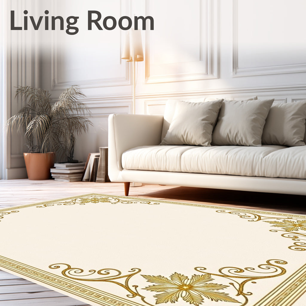 Golden Leafy Swirl Border Rug