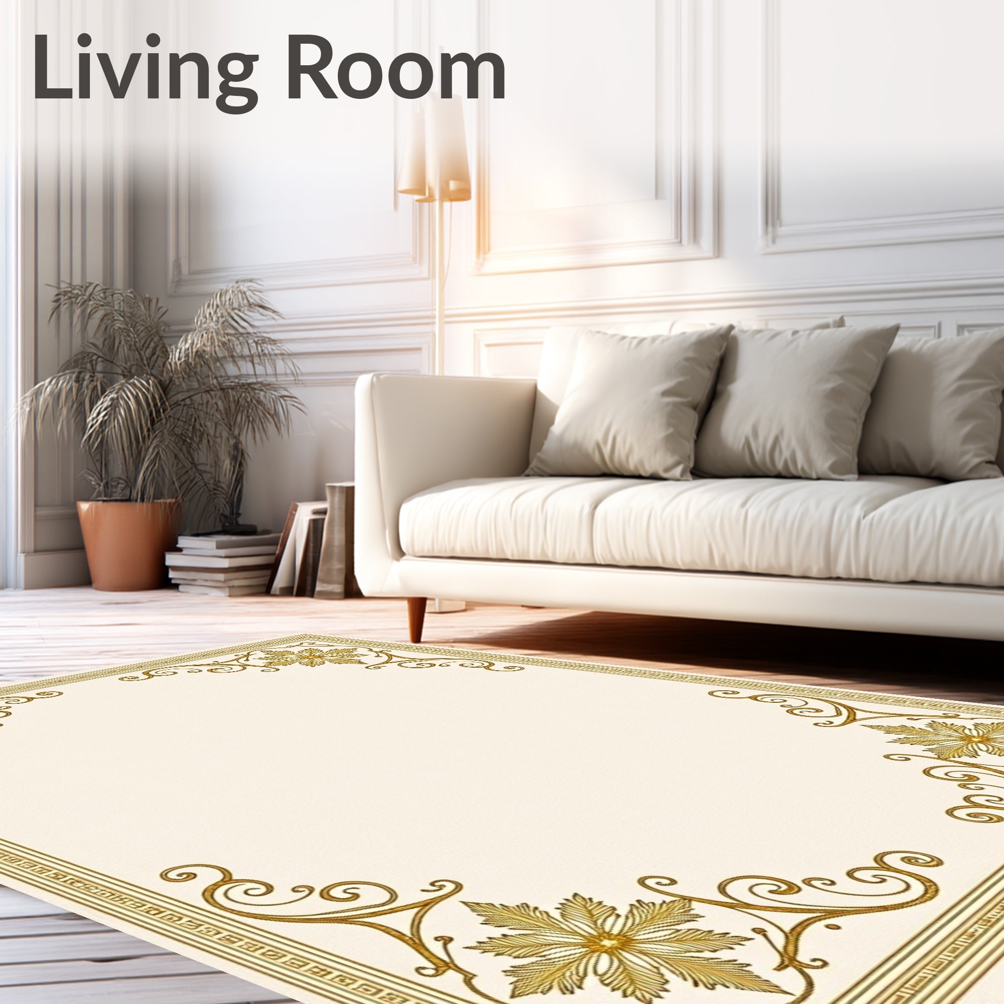 Golden Leafy Swirl Border Rug