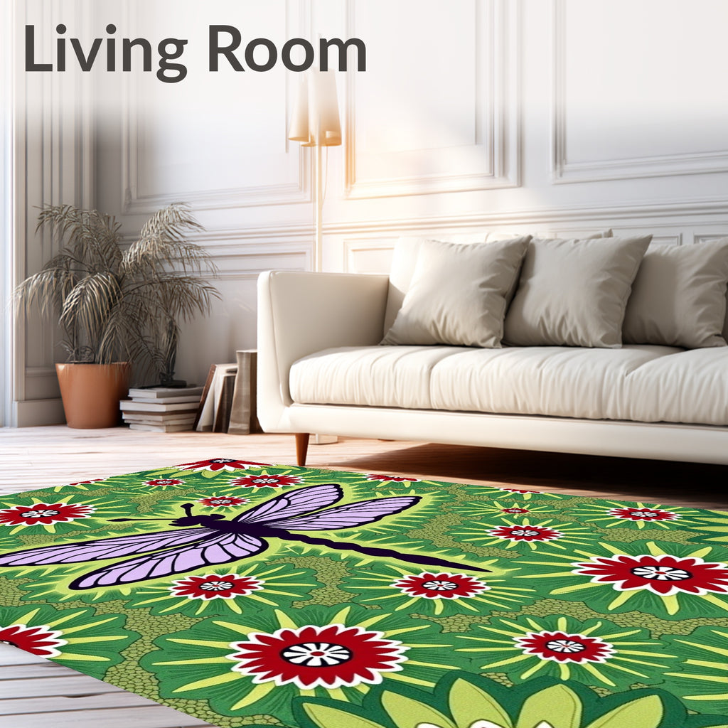 Bold Crimson Dragonfly Floral Burst Rug